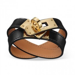 Hermes Rivale Double Wrap Black Bracelet With Gold